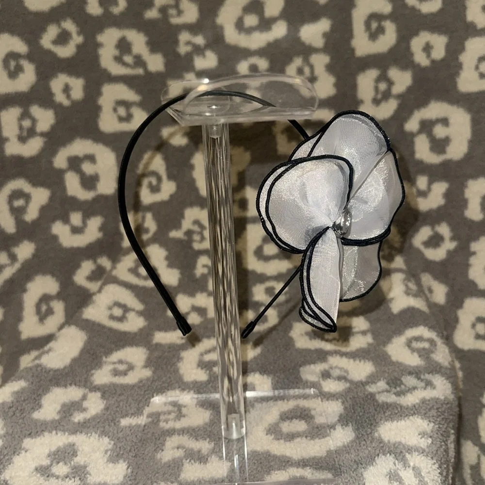 Tasha Black Band with Elegant Sheer White Flower with Clear Rhinestone Headband - Picture 8 of 17